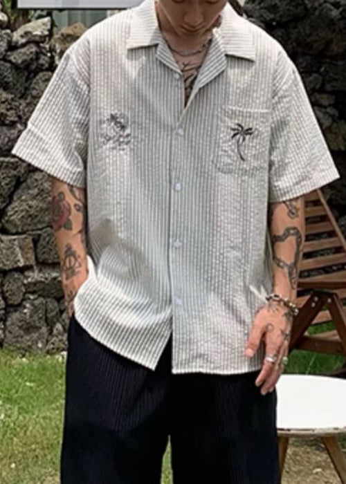 New Striped Print Pockets Cotton Shirt Summer