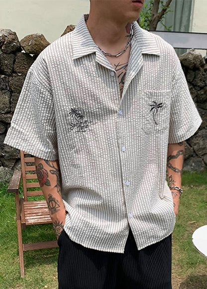 New Striped Print Pockets Cotton Shirt Summer