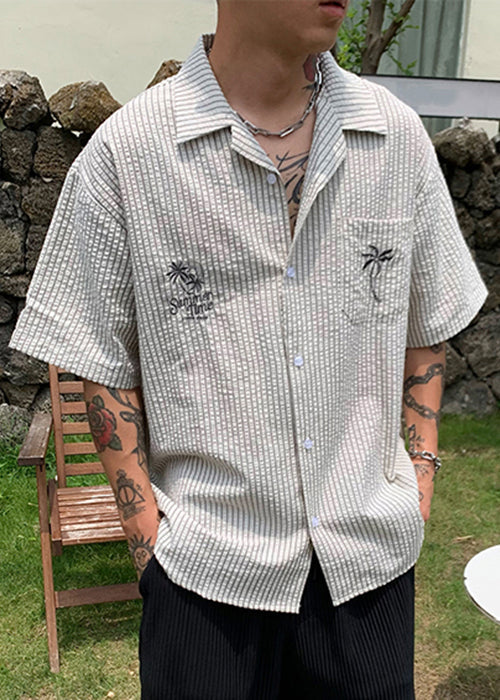 New Striped Print Pockets Cotton Shirt Summer