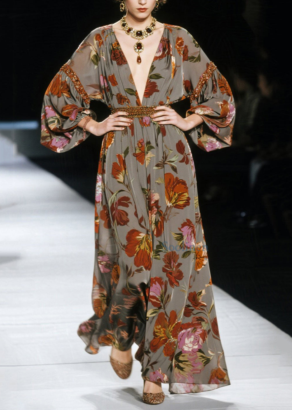 New V Neck Print Cotton Long Dress Spring