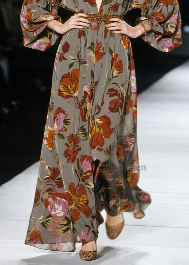 New V Neck Print Cotton Long Dress Spring