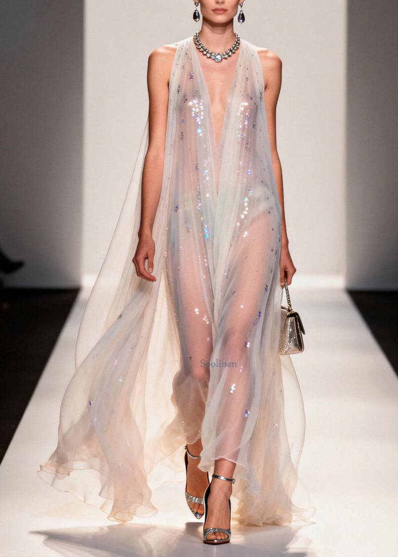 New V Neck Zircon Chiffon Maxi Dresses Sleeveless