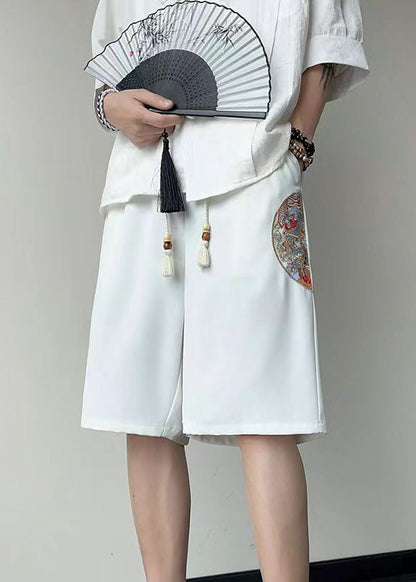 New White Embroideried Pockets Ice Silk Summer Shorts