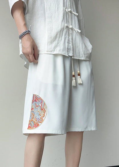 New White Embroideried Pockets Ice Silk Summer Shorts