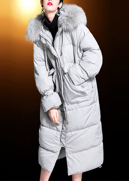 New White Grey Pockets Zippered Rabbit Hair Collar Loose Winter Duck Down Coats