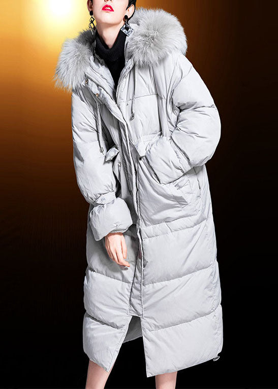 New White Grey Pockets Zippered Rabbit Hair Collar Loose Winter Duck Down Coats