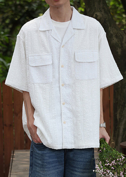 New White Hollow Out Button Cotton Shirt Summer