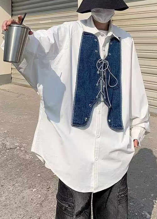 New White Lace Up Denim Patchwork Shirt Spring