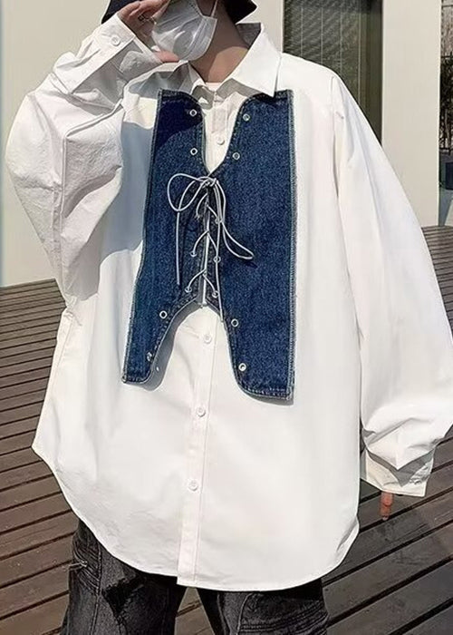 New White Lace Up Denim Patchwork Shirt Spring