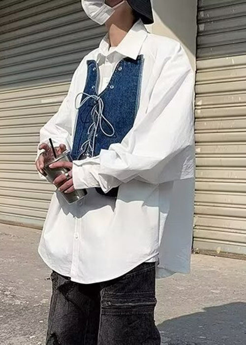 New White Lace Up Denim Patchwork Shirt Spring