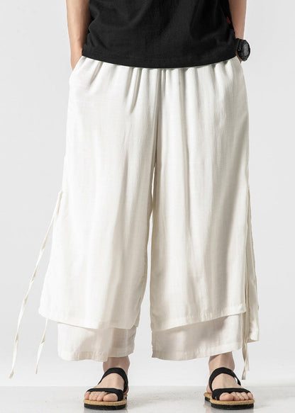 New White Lace Up Elastic Waist Cotton Crop Pants Summer