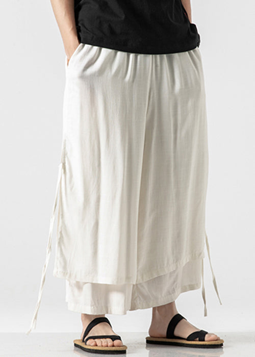 New White Lace Up Elastic Waist Cotton Crop Pants Summer