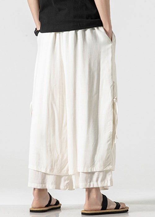 New White Lace Up Elastic Waist Cotton Crop Pants Summer