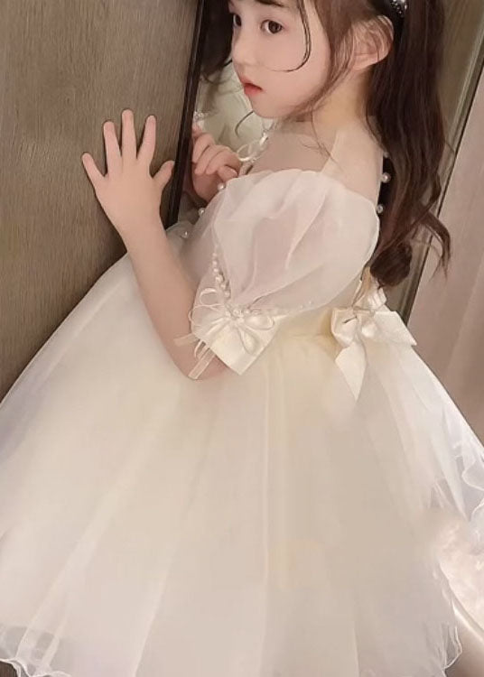 New White Nail Bead Bow Patchwork Tulle Baby Princess Dresses Summer