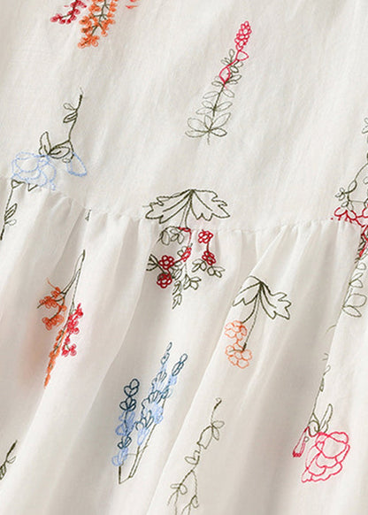 New White O-neck Lace Up Cotton Dresses Half Sleeve