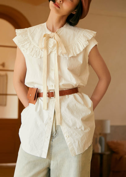 New White Peter Pan Collar Button Cotton Shirt Sleeveless