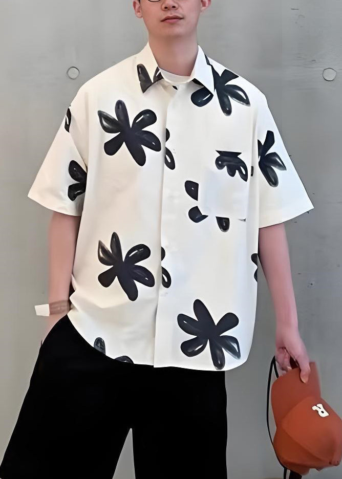 New White Peter Pan Collar Print Cotton Shirts Summer