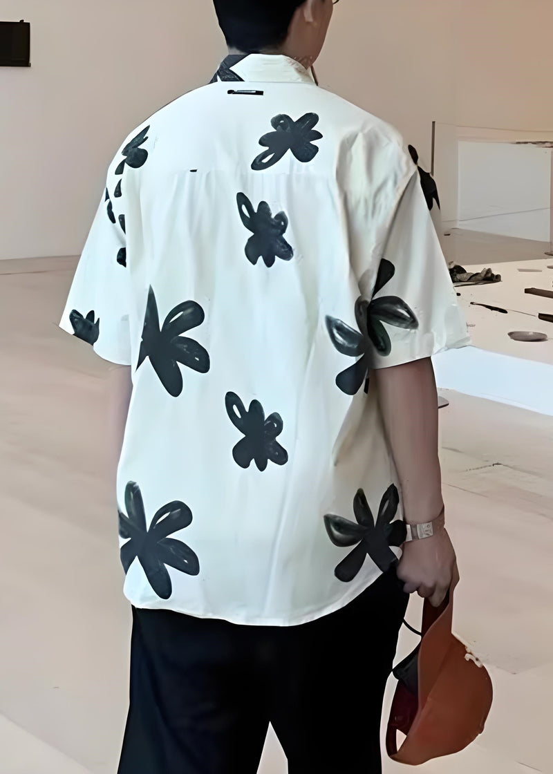 New White Peter Pan Collar Print Cotton Shirts Summer