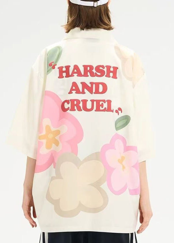 New White Peter Pan Collar Print Cotton Shirts Half Sleeve