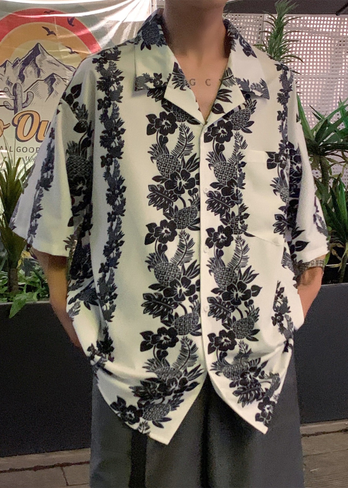 New White Peter Pan Collar Print Pockets Ice Silk Shirts Half Sleeve