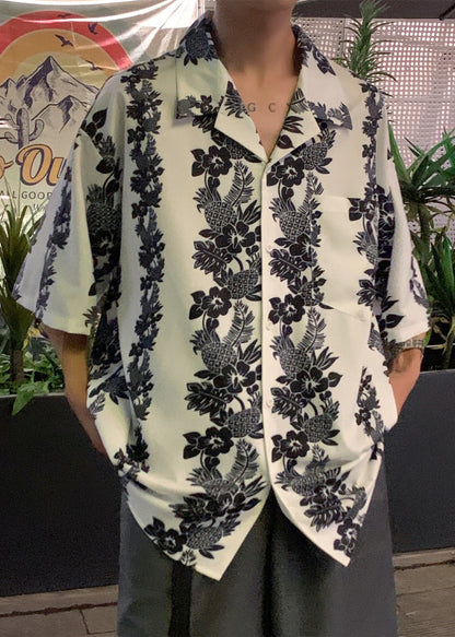 New White Peter Pan Collar Print Pockets Ice Silk Shirts Half Sleeve