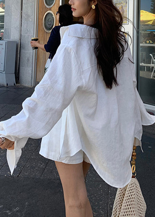 New White Peter Pan Collar Shirts and Shorts Linen Outfit Summer