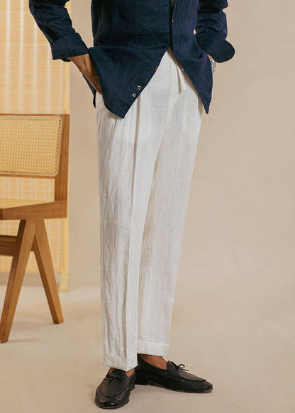 New White Pockets Elastic Waist Linen Straight Pants Summer