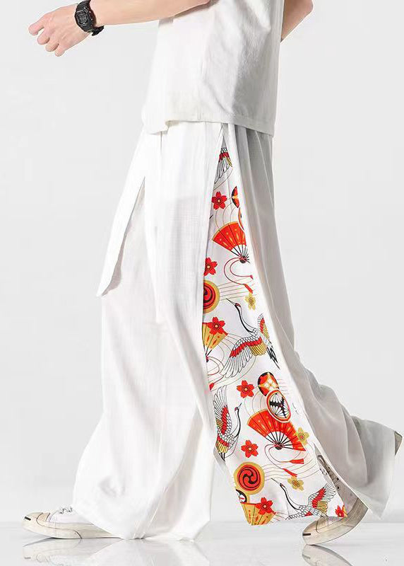 New White Pockets Print Patchwork Cotton Wide Leg Pants Summer