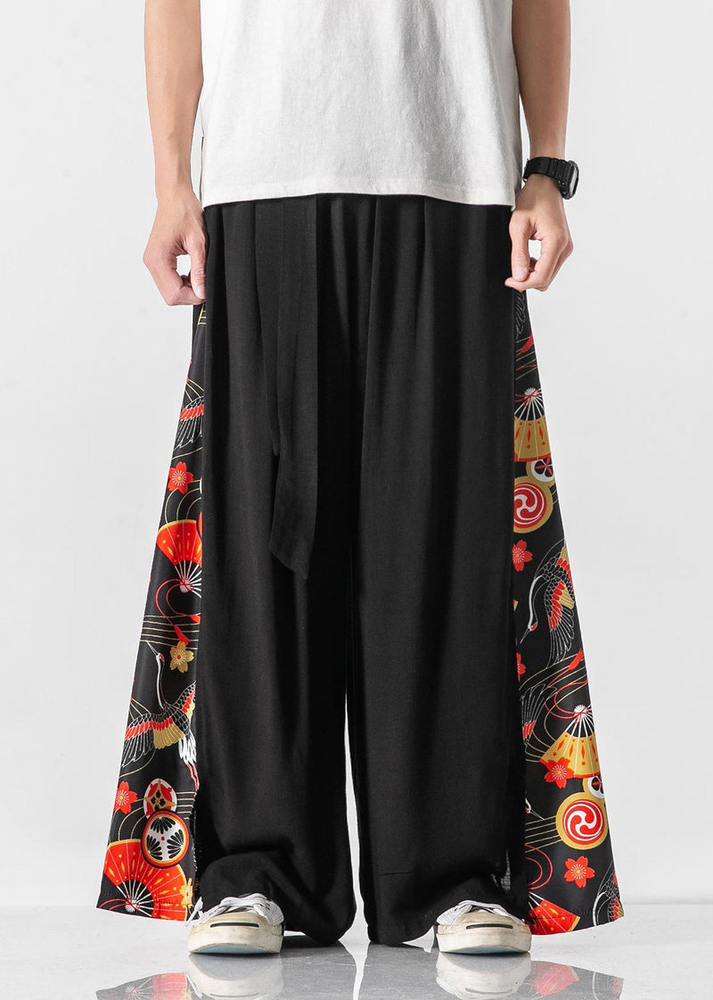 New White Pockets Print Patchwork Cotton Wide Leg Pants Summer