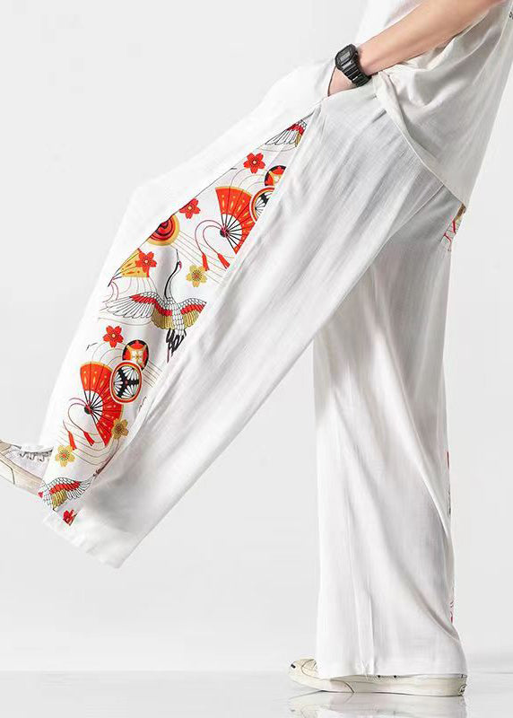 New White Pockets Print Patchwork Cotton Wide Leg Pants Summer