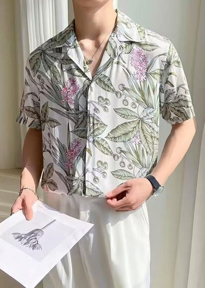 New White Print Button Ice Silk Shirts Summer