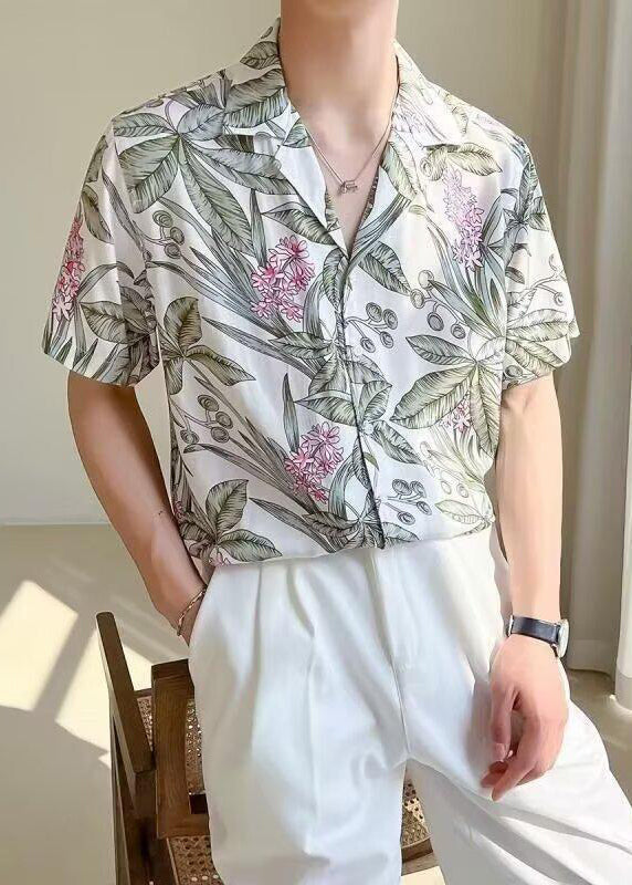 New White Print Button Ice Silk Shirts Summer