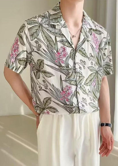 New White Print Button Ice Silk Shirts Summer