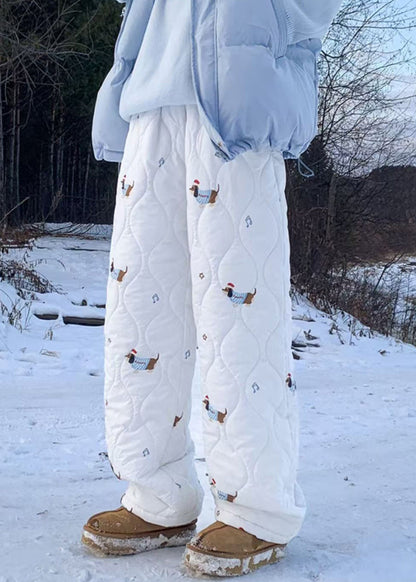 New White Print Elastic Waist Cotton Filled Pants Winter