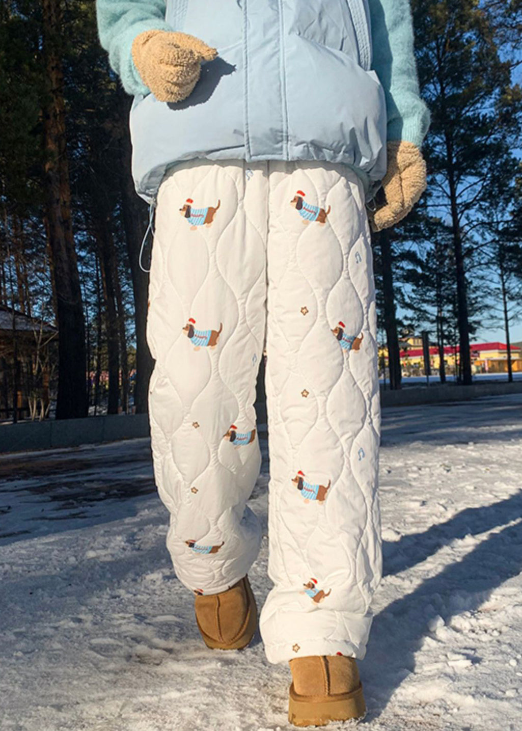 New White Print Elastic Waist Cotton Filled Pants Winter