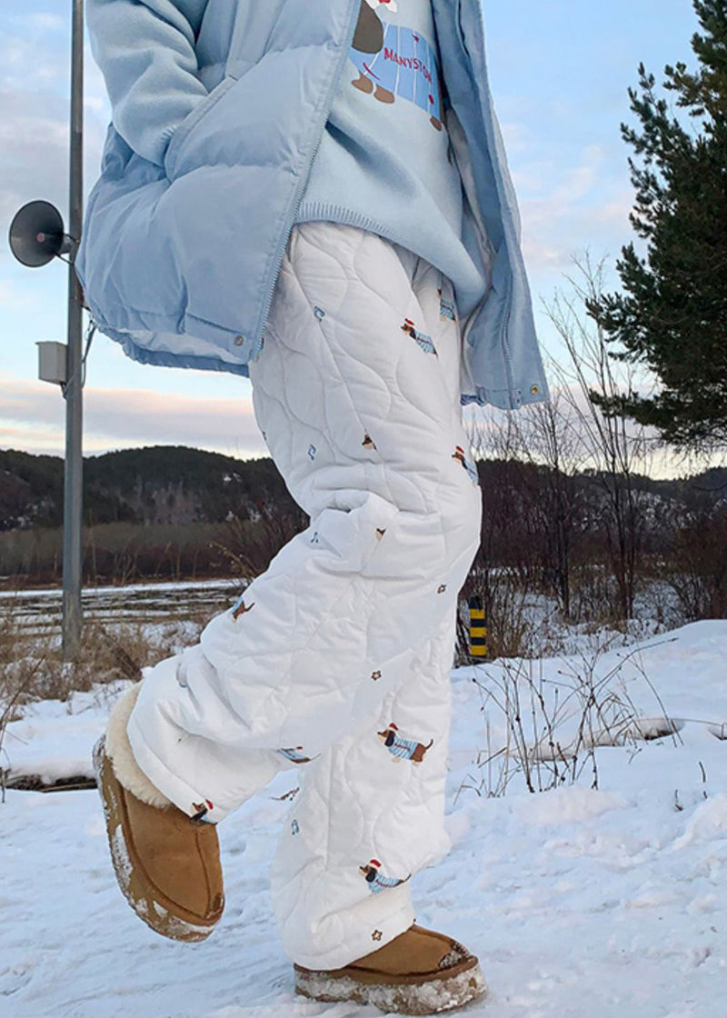 New White Print Elastic Waist Cotton Filled Pants Winter