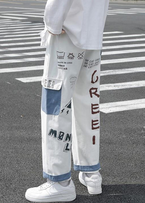 New White Print Pockets High Waist Denim Crop Pants Fall