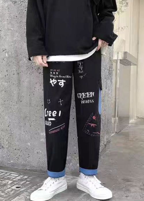 New White Print Pockets High Waist Denim Crop Pants Fall