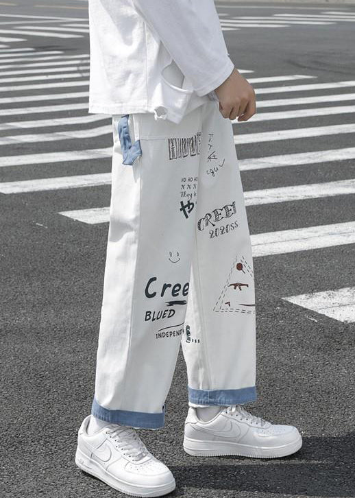 New White Print Pockets High Waist Denim Crop Pants Fall