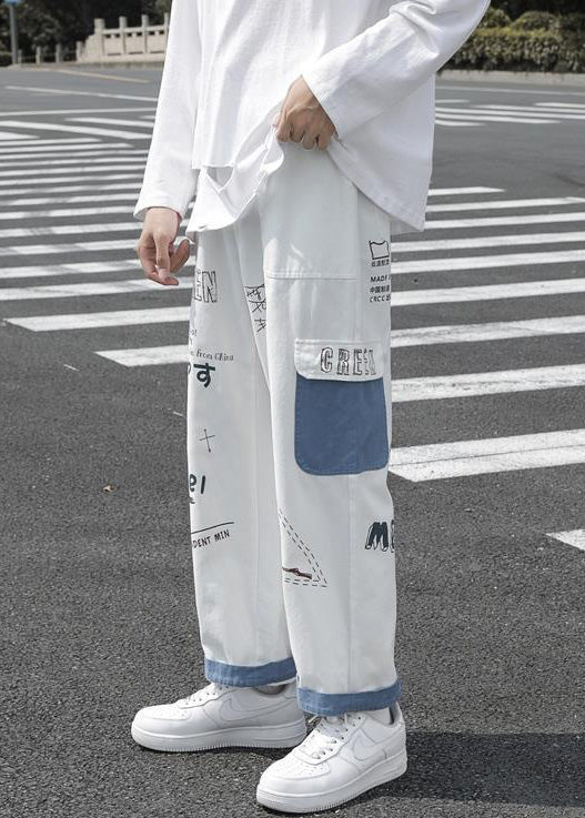 New White Print Pockets High Waist Denim Crop Pants Fall