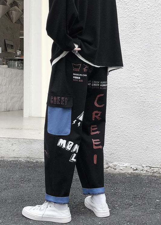 New White Print Pockets High Waist Denim Crop Pants Fall