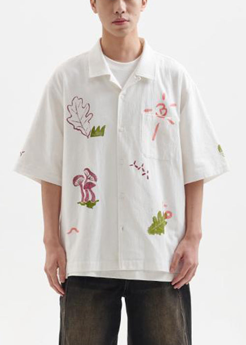 New White Print Pockets Oversized Cotton Shirts Summer