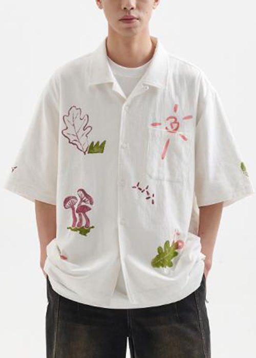 New White Print Pockets Oversized Cotton Shirts Summer