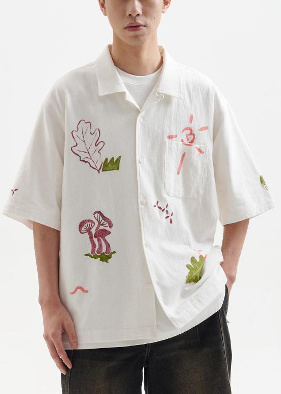 New White Print Pockets Oversized Cotton Shirts Summer