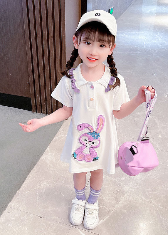 New White Ruffled Patchwork Cotton Kids Dress Summer