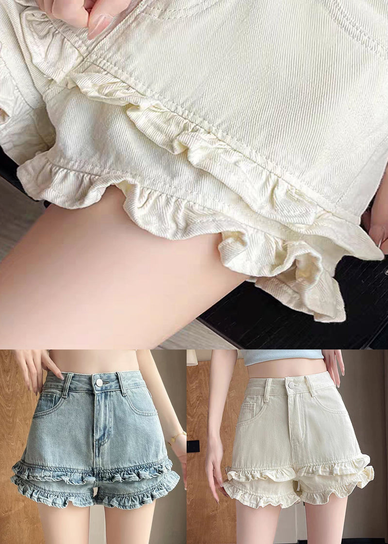 New White Ruffled Pockets Denim Shorts Summer