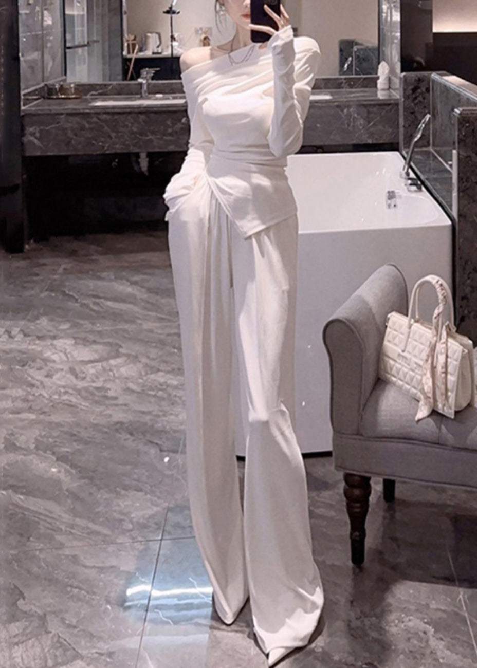 New White Side Open Pockets Patchwork Tops and Pants Cotton Two Piece Set Fall