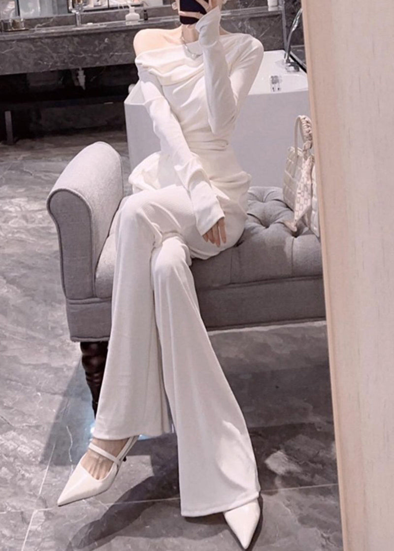 New White Side Open Pockets Patchwork Tops and Pants Cotton Two Piece Set Fall