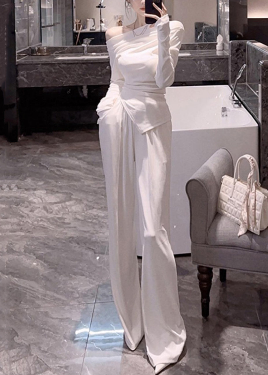 New White Side Open Pockets Patchwork Tops and Pants Cotton Two Piece Set Fall