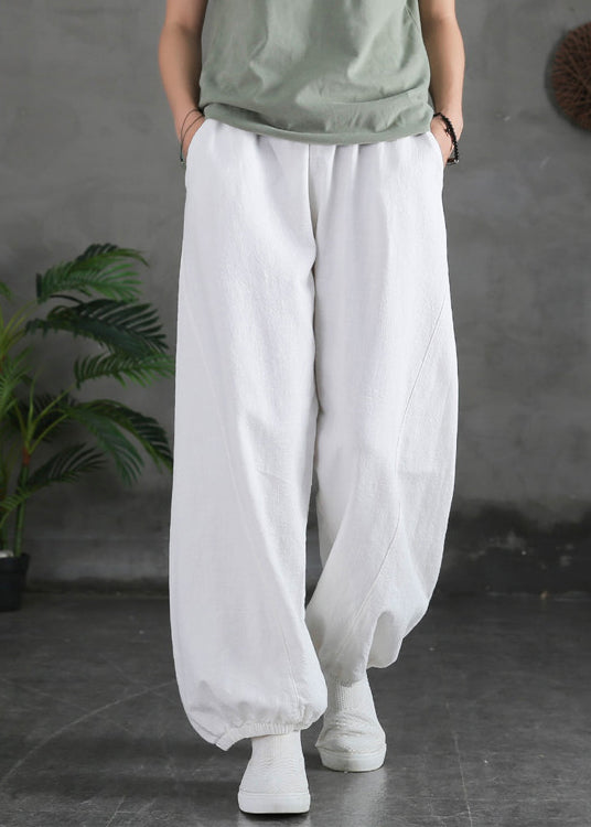 New White Pockets High Waist Cotton Beam Pants